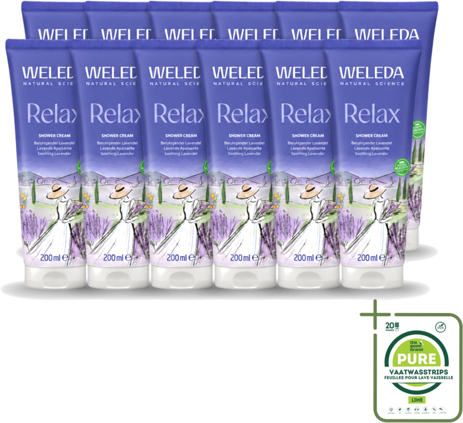 12 x WELEDA - Douchecrème Aroma Shower Relax - 200 ml - Grootverpakking - Vaatwasstrips - Douchecrème - Ontspanning - Aromatherapie - Natuurlijke Douchecrème - Lavendel