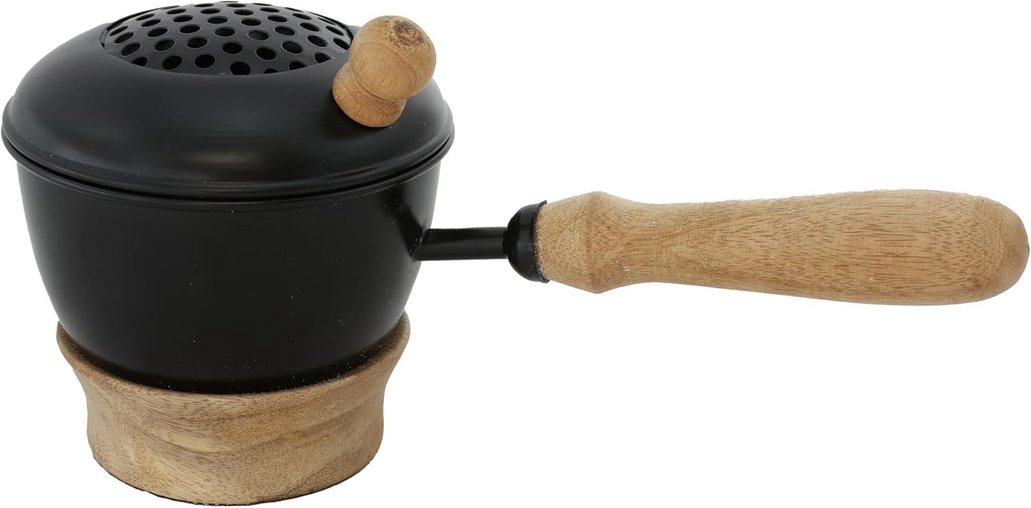 Rookpan met deksel - metalen pan met elegante mango houten handgreep - ideaal voor energetische thuisreiniging - m-winkel