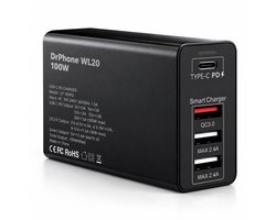 DrPhone WL20 100W USB-C PD 3.0 Oplader – 4-Poorts Laadstation – QC 3.0 + 2x USB-A 2.4A – Voor Laptop, Smartphone & Tablet