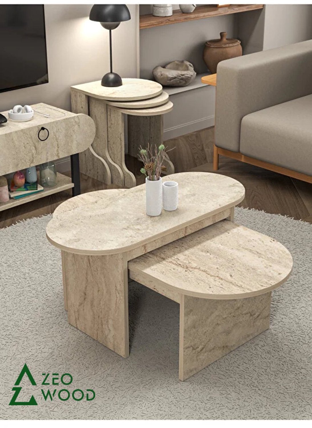 Zeo Wood - Salontafel - Set van 2 Salontafel - Salontafel Travertin