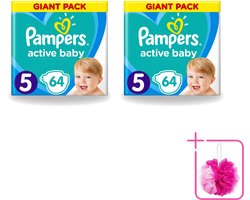 2 x Pampers - Active Baby - Luiers - Maat 5 (11-16 kg) - Zachte Pasvorm - 64 Luiers - Bulkverpakking - Luiers voor baby - Douchemop - Droge huid