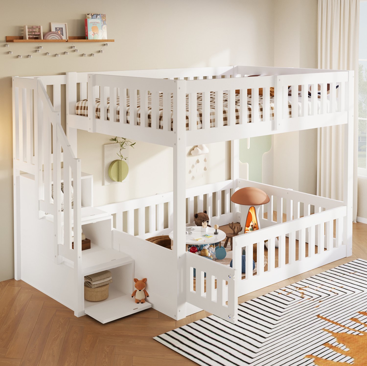 FloraGrace Stapelbed 140x200 cm - Laag Kinderbed Met Trap en Opbergruimte - Lattenbodem - Zonder Matras - Hout en MDF - Wit