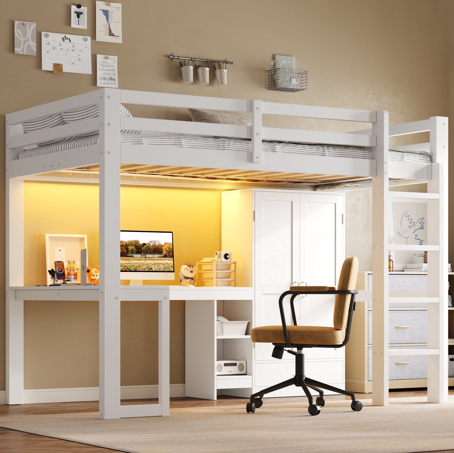 FloraGrace Hoogslaper 90x200 cm – Met Bureau, Kledingkast en Ledverlichting – Usb-Aansluiting en Opbergruimte – Hout en MDF – Wit – Zonder Matras