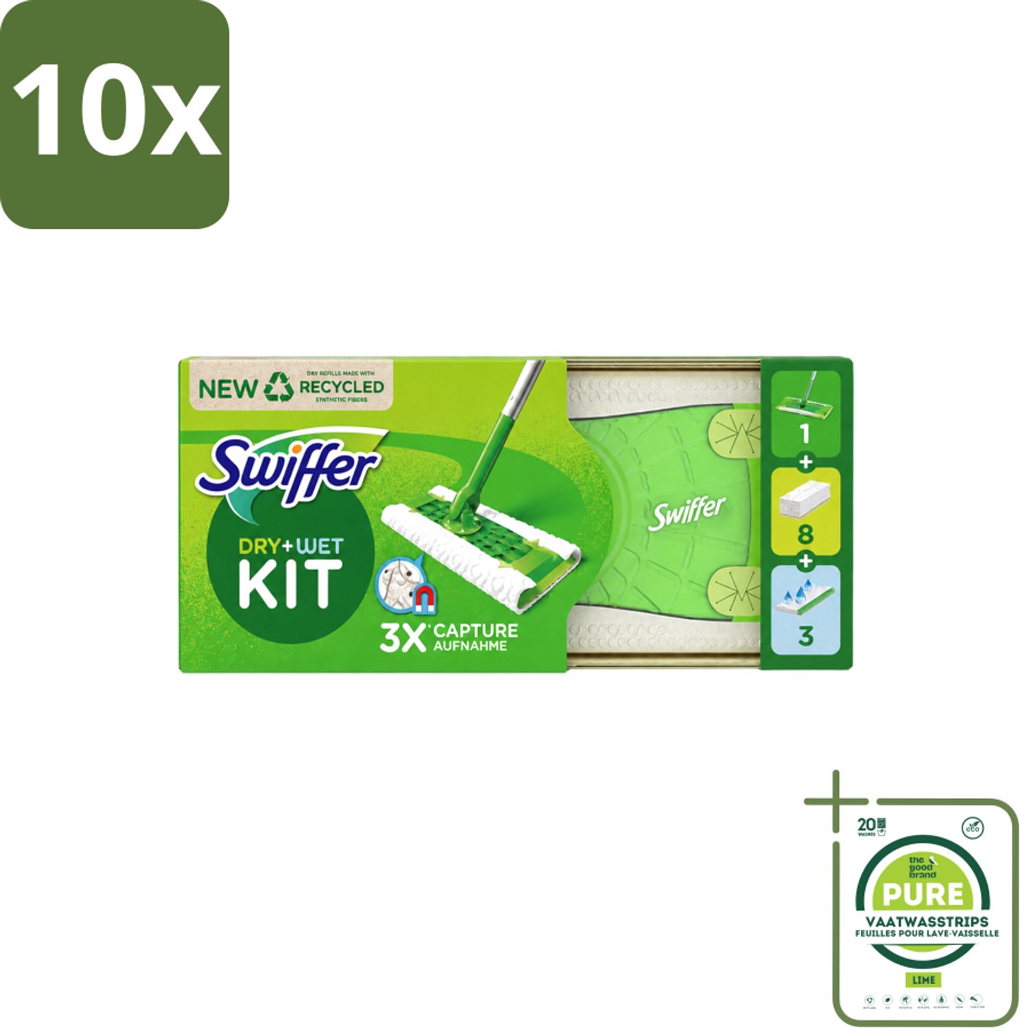 10 x Swiffer – Vloerreiniger – Starterkit – 1 dweil + 8 droge & 3 vochtige doekjes - Grootverpakking - Vaatwasstrips - Vloerreiniger - Schoonmaken - Stofzuiger - Droge Doek - Vochtige Doek