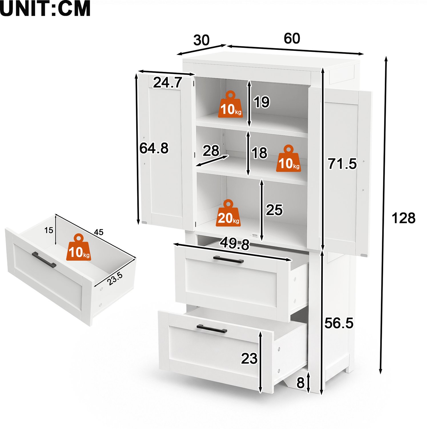 CHICFURN Keukenkast - 2 lades - verstelbare legplanken - staand - wit