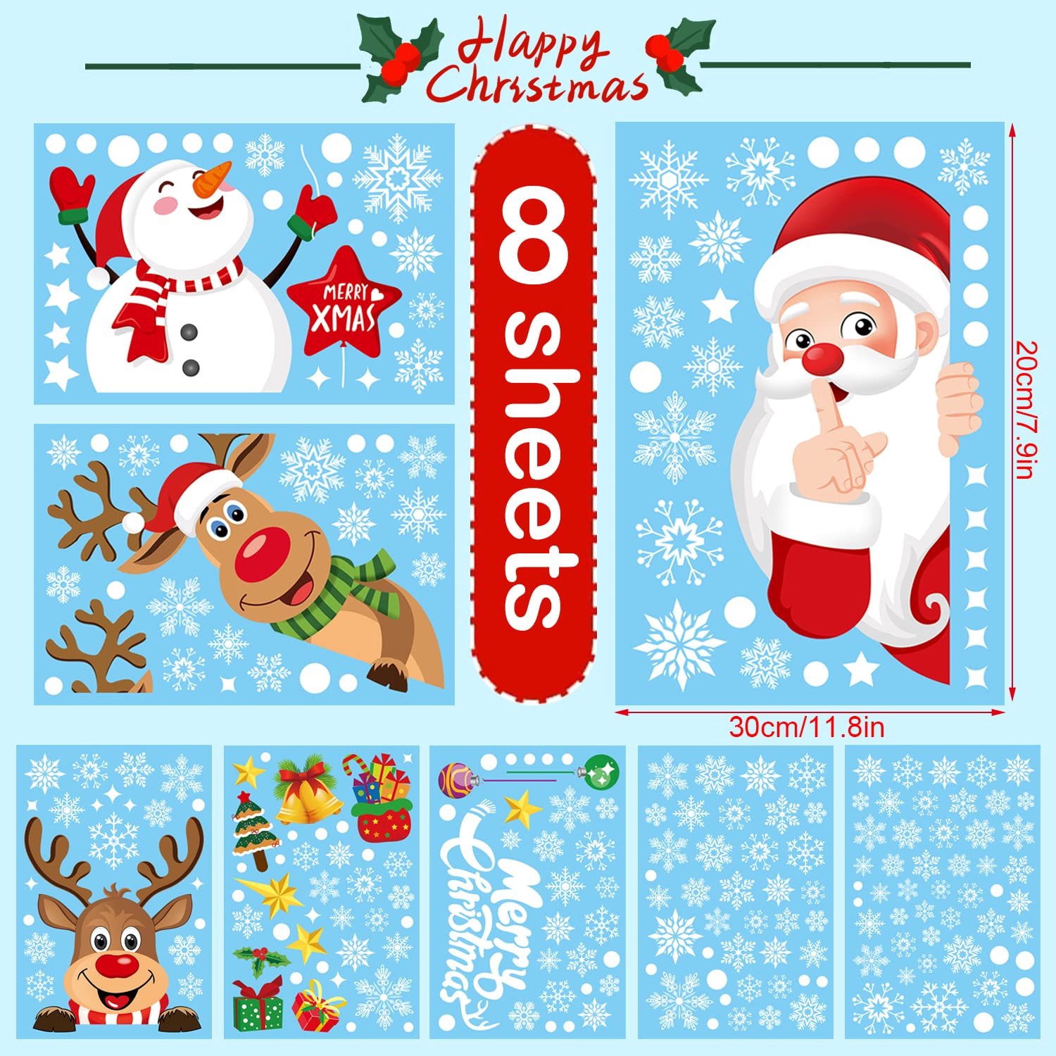 Kerst Raamstickers Set – 256-Delige Dubbelzijdige Statische PVC Stickers op 8 Vellen – 20x30 cm