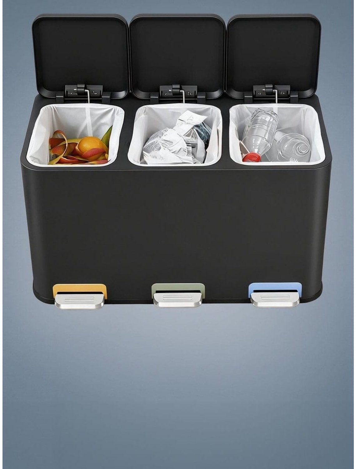 Klarven® Prullenbak 3 Vakken Inktzwart - Afvalscheider Pedaalemmer - Prullenbakken - Stalen Pedaalemmer met Uitneembare Binnenemmers - 38,8x42,7x60,5 cm