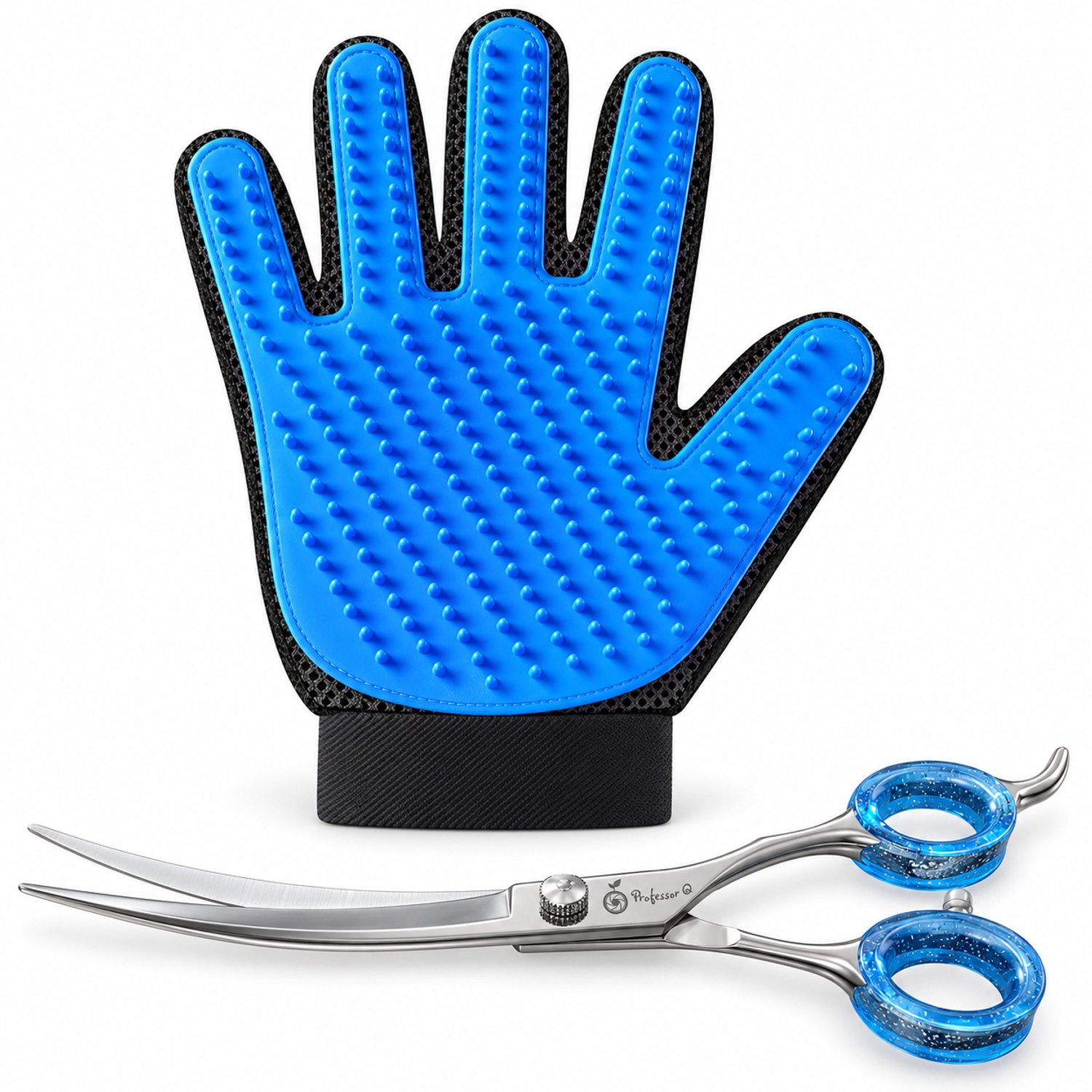 Professor Q Hondentrimset - Omhoog Gebogen Trimschaar 7,5 inch Lichtblauw - Vachthandschoen Blauw - 2-delig