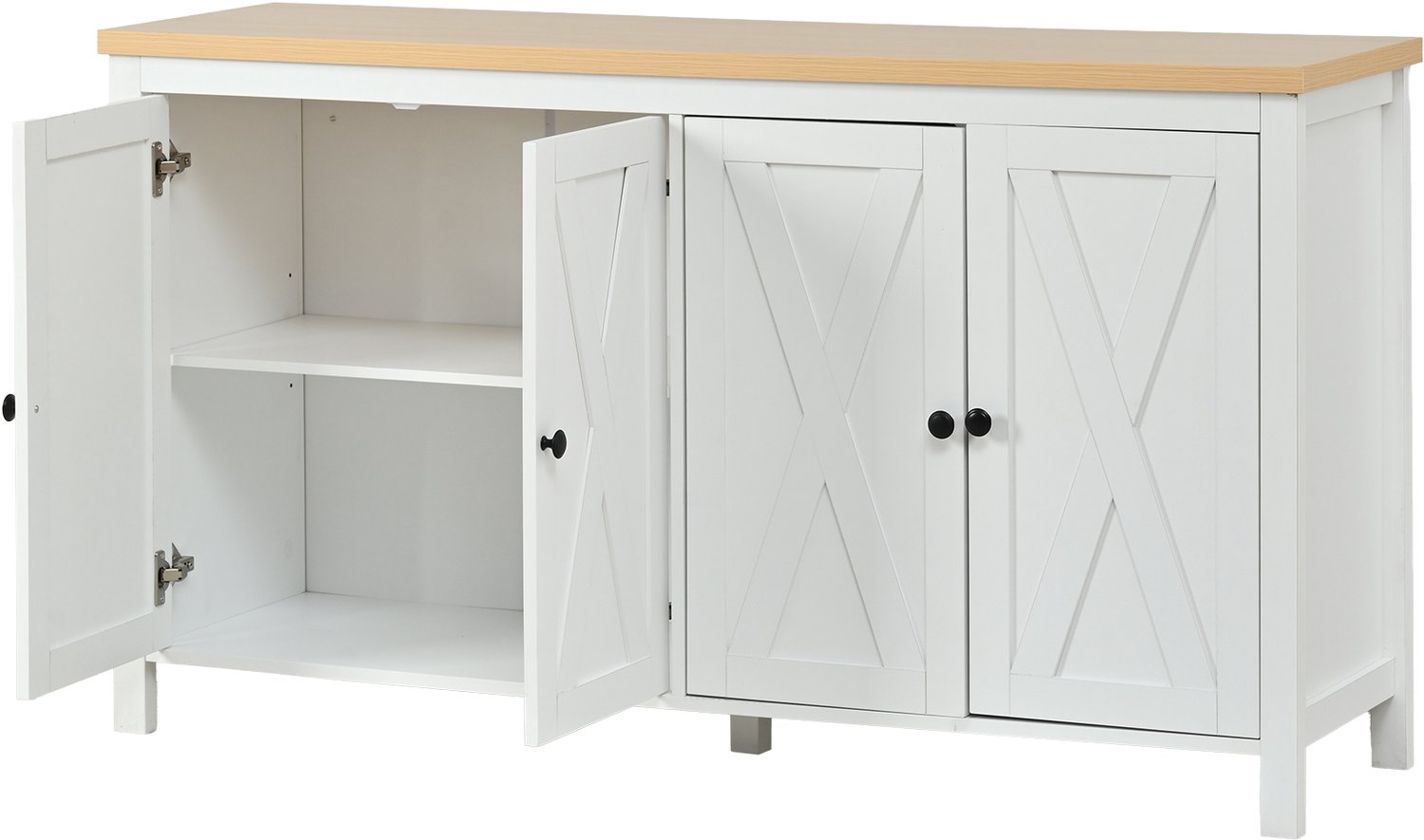 SONNENH Dressoir met 4 X-patroon deuren, verstelbare planken en houtlook bovenblad - Wit - 140 x 40 x 78 cm