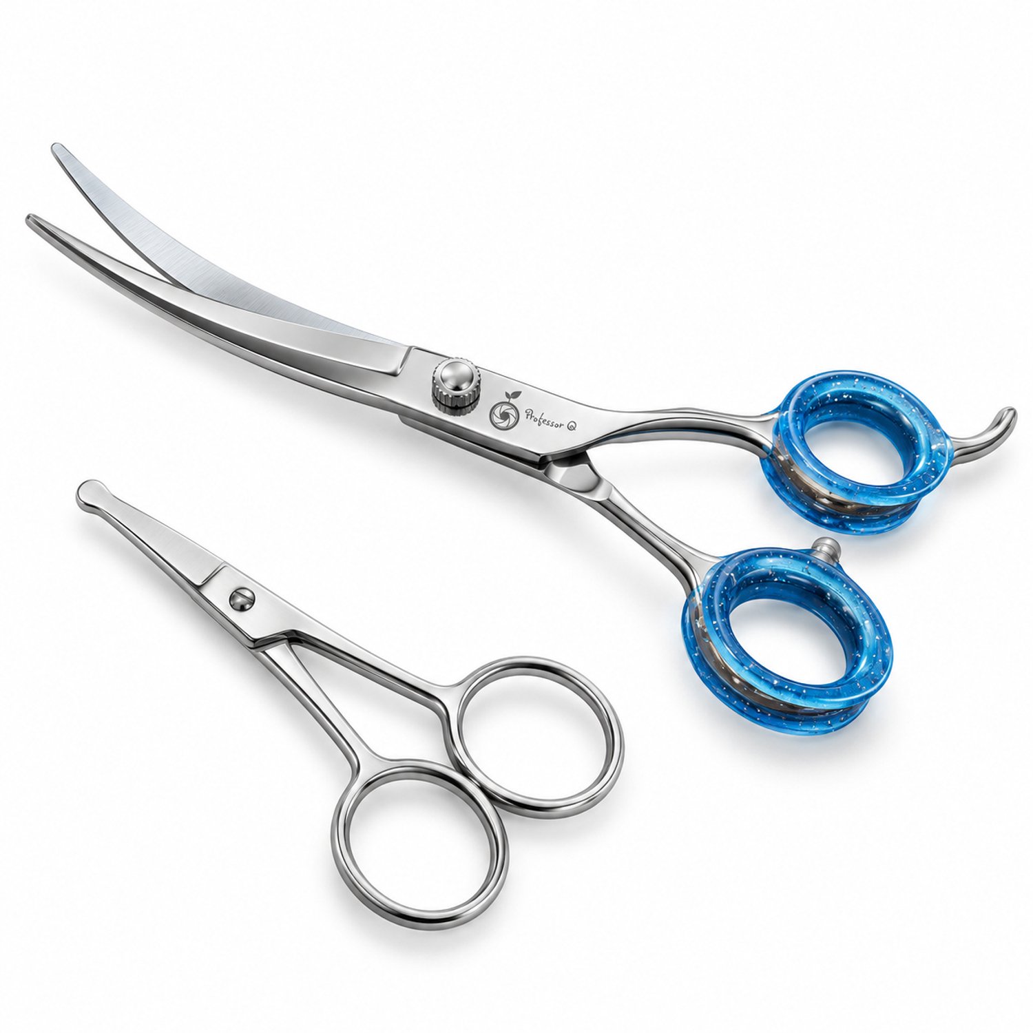 Professor Q Hondentrimset - Omhoog Gebogen Trimschaar 7,5 inch Lichtblauw - Potenschaar Zilver - 2-delig