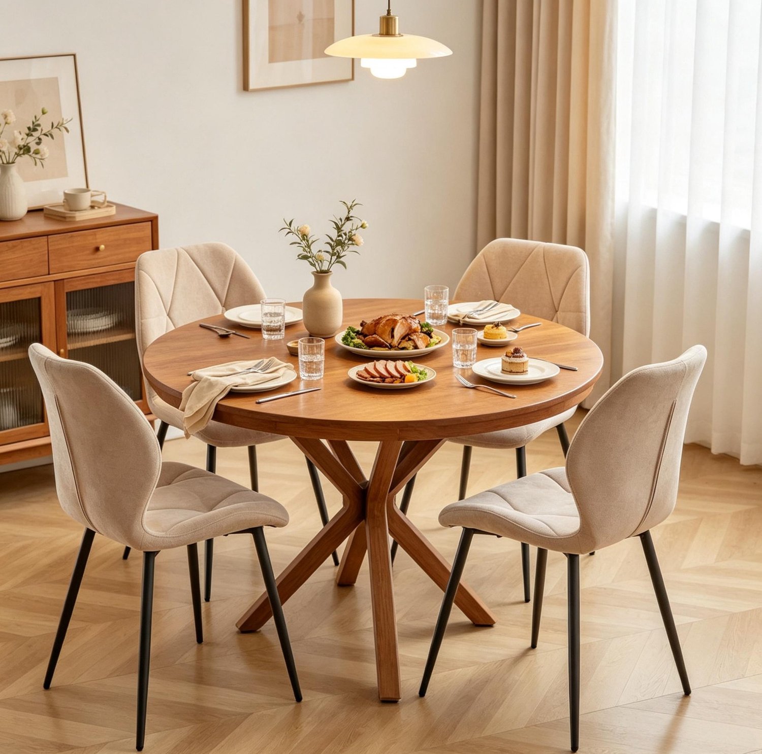 DESMIU Eetkamerstoel - Set Van 4 - Ergonomische Rugleuning Met Ruitstiksel En Zachte Zitting - Voor Eetkamer, Keuken En Kaptafel - Linnen Beige