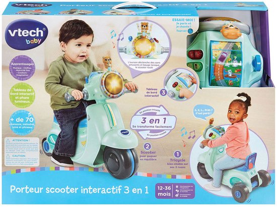 VTech interactieve 3-in-1 mintgroene loopscooter voor baby's met licht, geluid en leeractiviteiten.