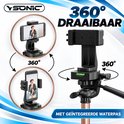 YSONIC statief met 360 graden draaibare kop en ingebouwde waterpas, getoond in horizontale en verticale stand.
