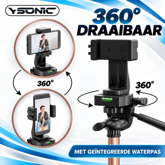 YSONIC statief met 360 graden draaibare kop en ingebouwde waterpas, getoond in horizontale en verticale stand.