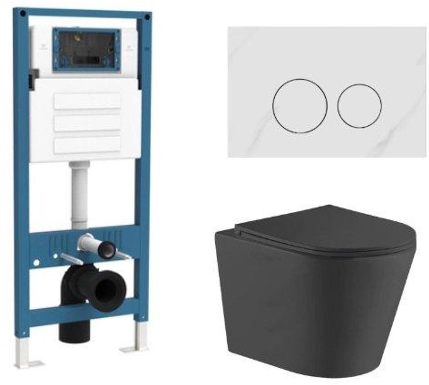 QeramiQ Dely Toiletset - inbouwreservoir Qeramiq Flush - slim zitting - natuursteen wit marmeren bedieningsplaat - ronde knoppen - mat zwart