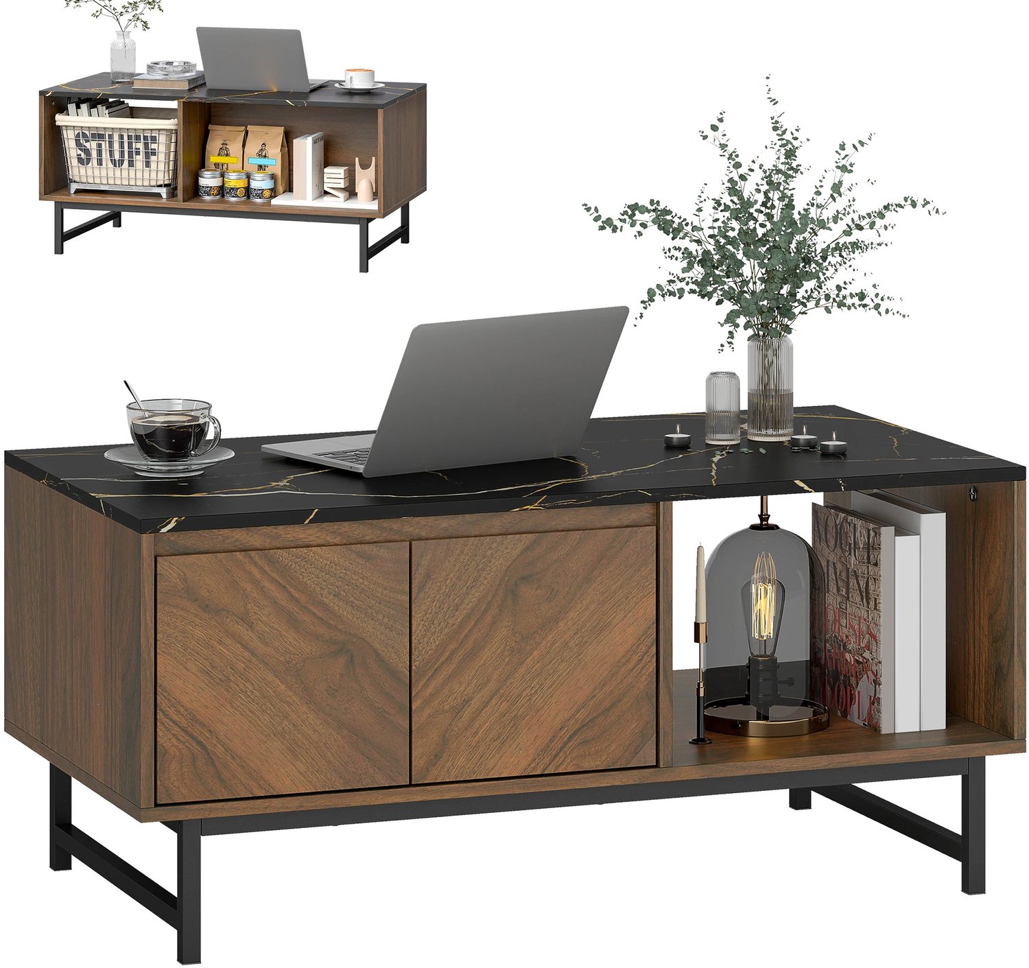 Gudalio Salontafel - Bijzettafel - Koffietafel - Banktafel - Opbergruimte - Modern - 100 x 50,8 x 45,7 cm - Marmer - Zwart - Bruin