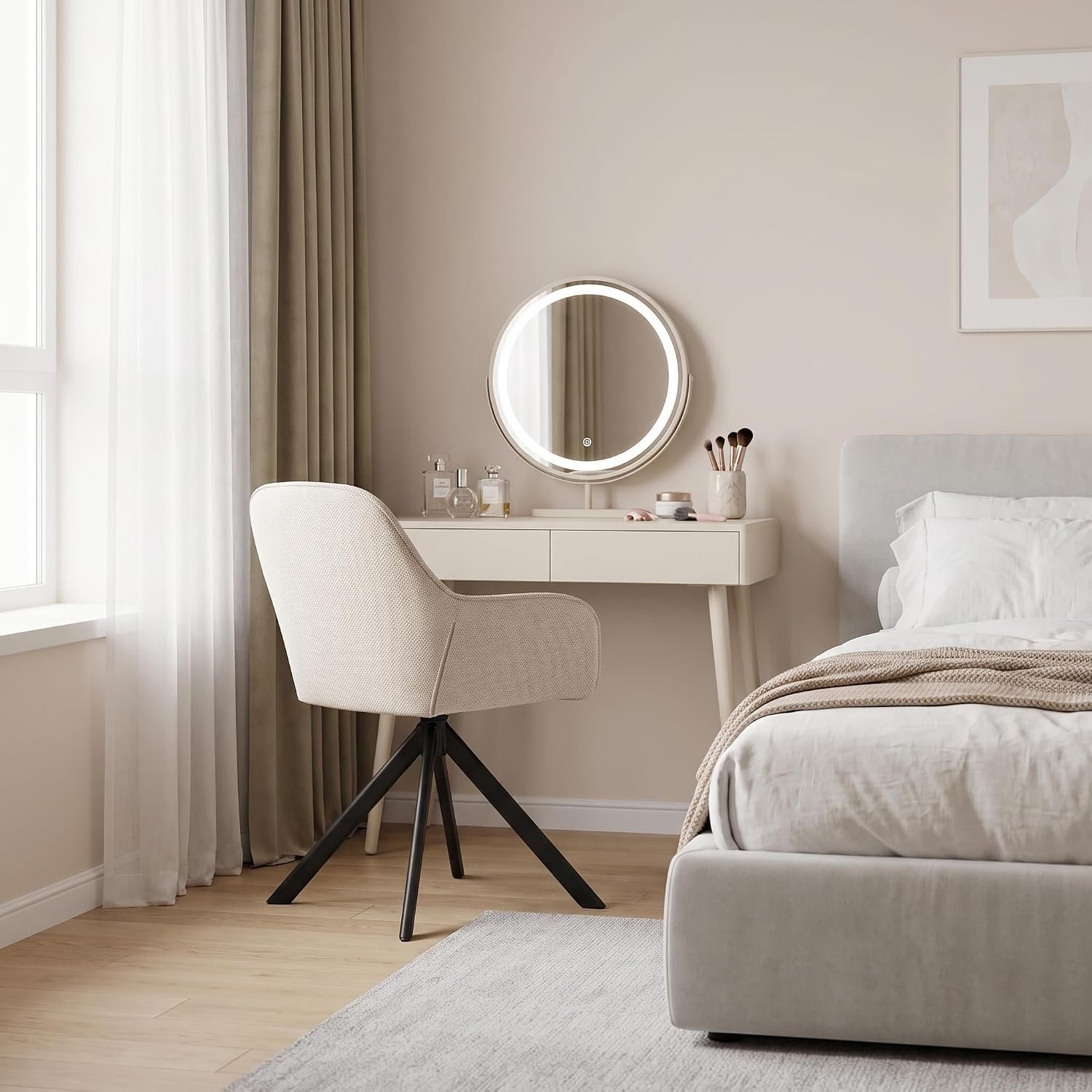 Lunaro 360° Draaibare Eetkamerstoelen met Armleuningen Beige Set van 4 – Gestoffeerde Draaistoelen 42 × 42,5 × 83 cm