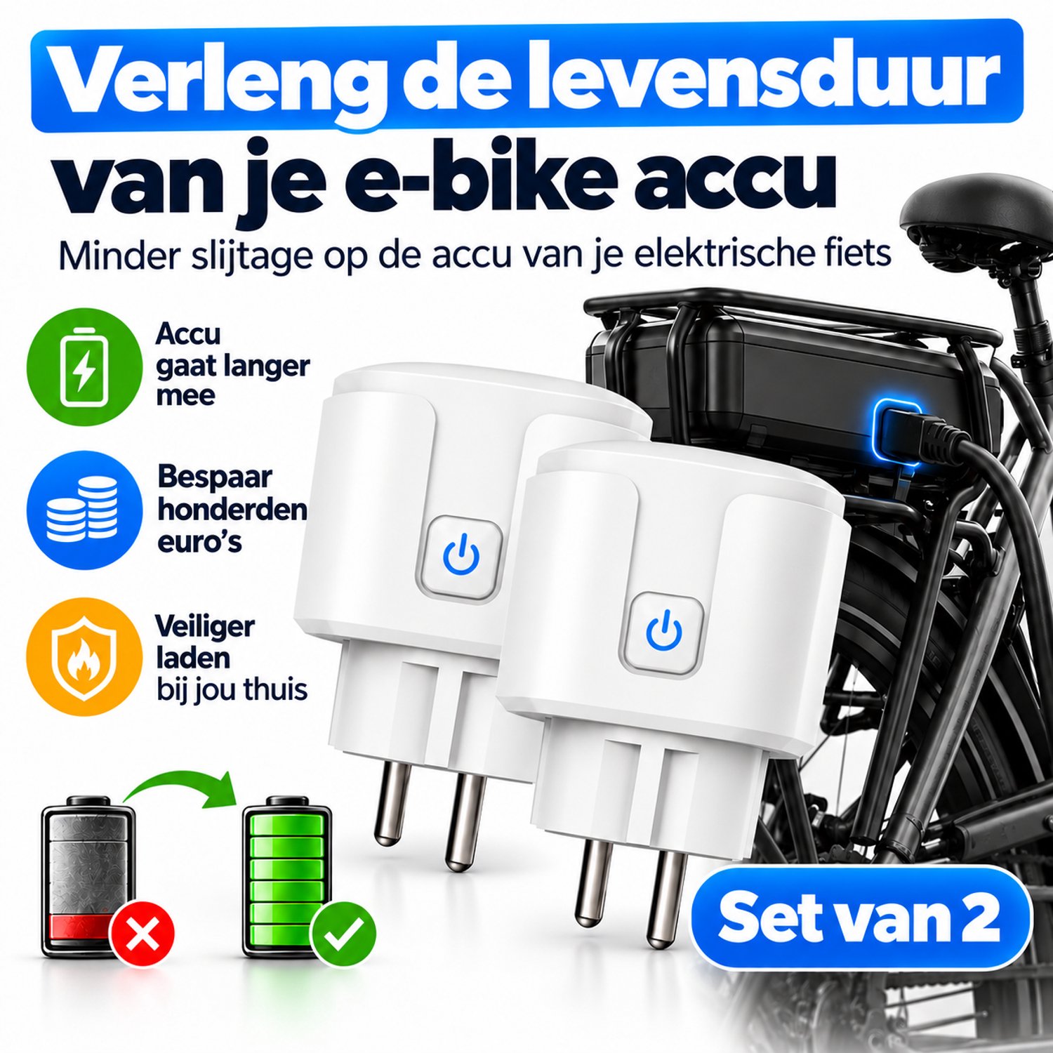BlueTime® Slimme Acculader Elektrische Fiets – E-bike & Fatbike Accu – Slimme Stekker met Timer – Energiemeter – V20 Fatbike Oplader - Elektrische Fiets Oplader - E-Bike Oplader - Fietsaccu Oplader - Accusaver - Oplader Fatbike - Set van 2