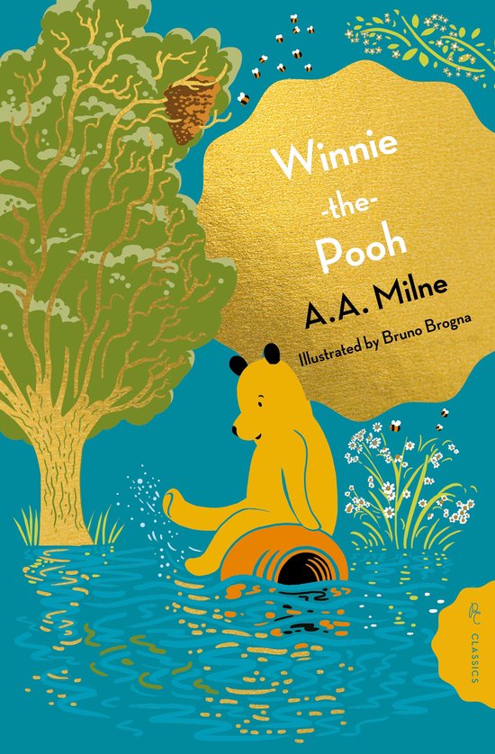 Winnie de Poeh zittend op een pot in het water, met gouden details en bijen op een diepblauwe achtergrond.