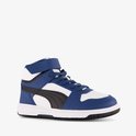 PUMA Rebound Slam Mid sneaker in wit, blauw en zwart, zijaanzicht links met opvallende zwarte streep.