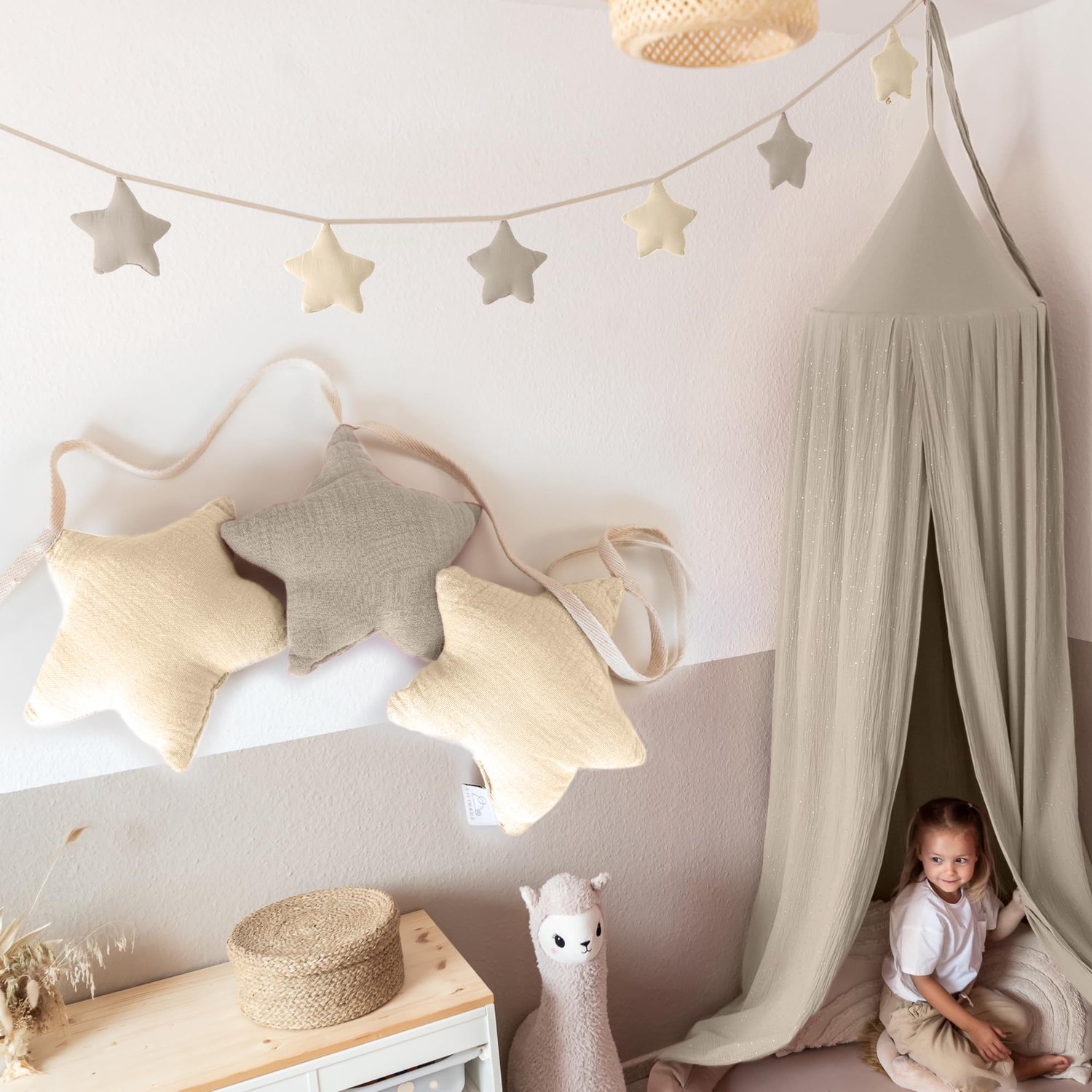 LILIMAUS Sterren slinger kinderkamer - stoffen slinger van mousseline katoen - 300 cm - crème en lichtbeige