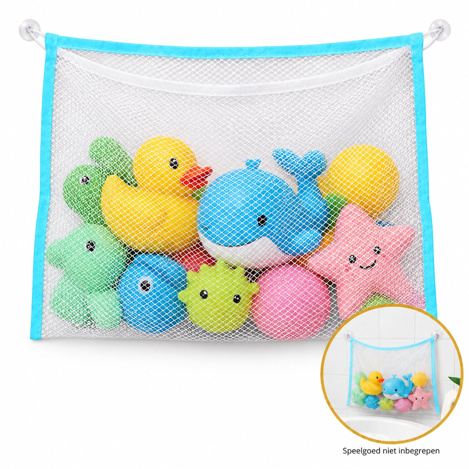 DIVERZA Opbergnet Badspeelgoed – Badnet – Met 2 Zuignappen Zonder Boren – Voor Bad en Douche – 44 × 37 cm – Blauw