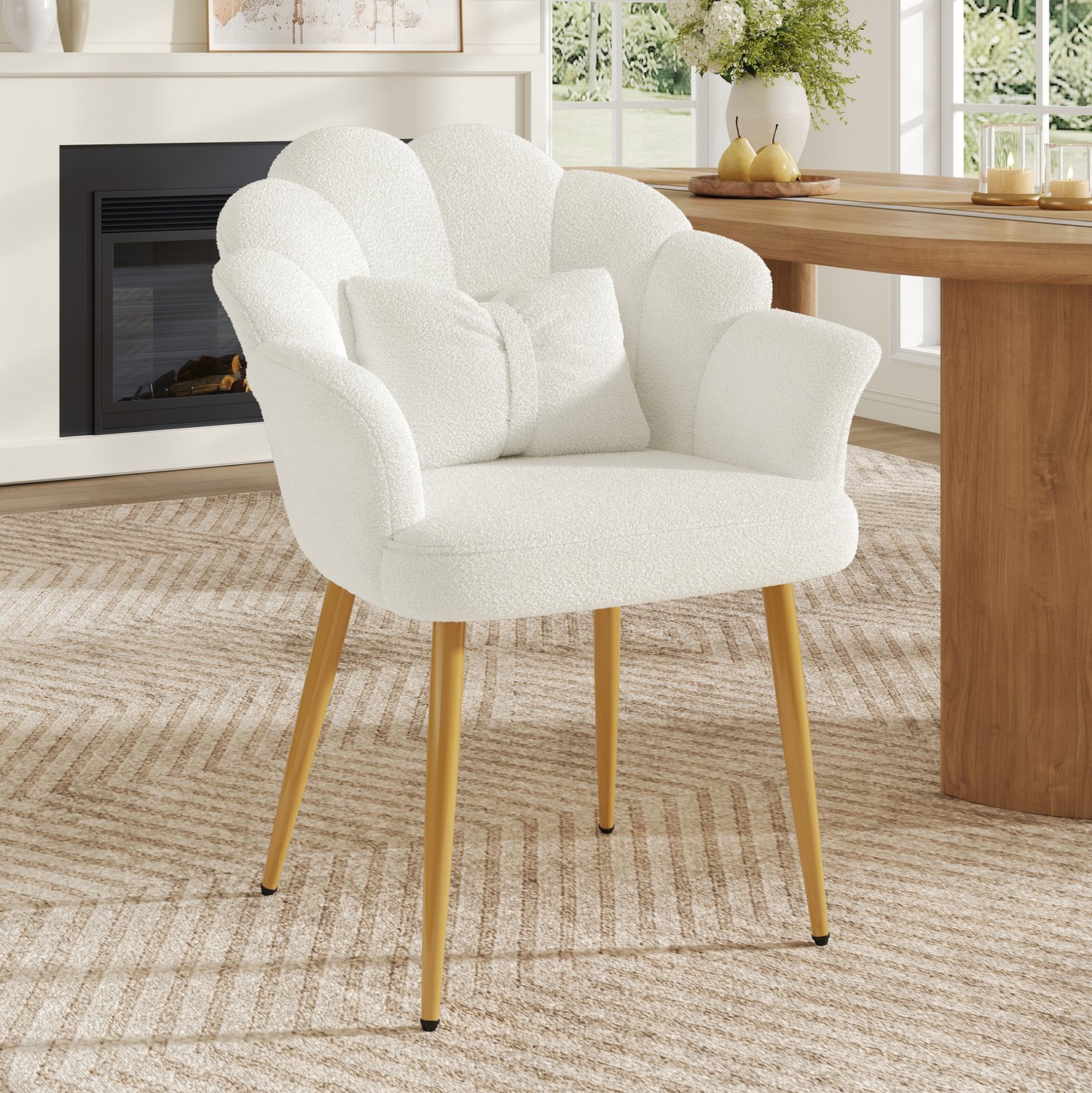DESMIU Fauteuil 64 x 65,5 x 85 cm - Bloembladrugleuning Met Armleuningen En Kussen - Voor Slaapkamer En Eetkamer - Teddystof Wit