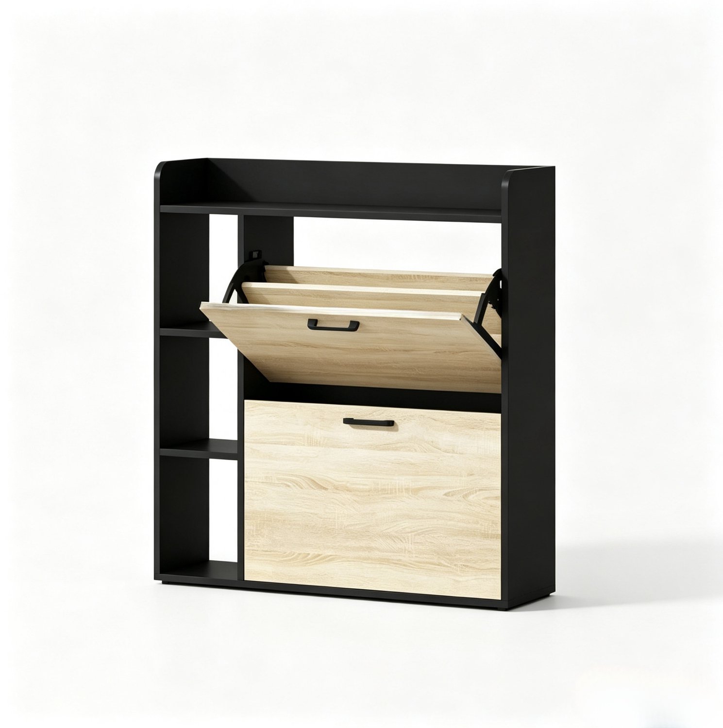 SONNENH Schoenenkast - Zwart en natuurlijke houtlook - 2 kleppen en open zijvakken - 83 x 24 x 90,5 cm