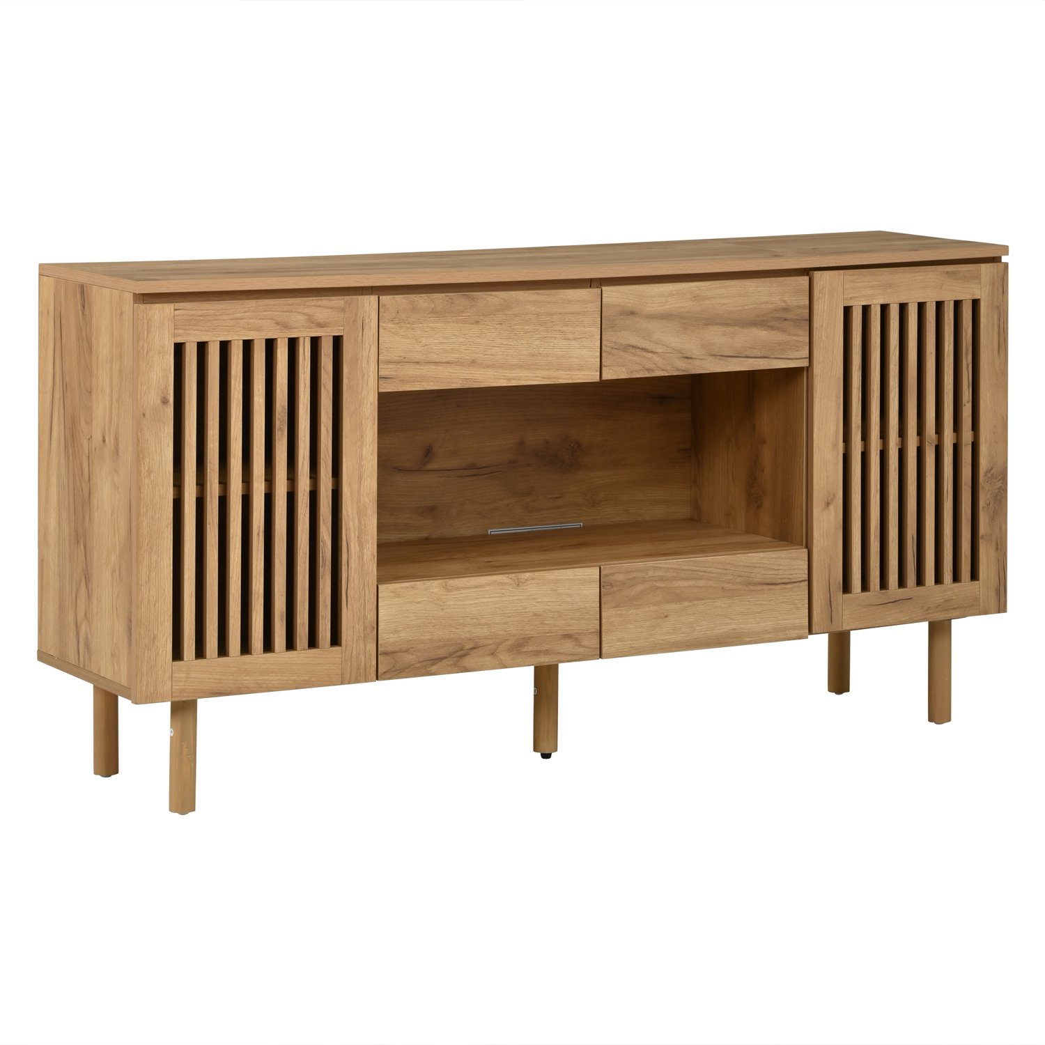 SONNENH Dressoir - Natuurlijke houtlook - 4 lades, 2 lamellendeuren en open middenvak - 140 x 35 x 71 cm