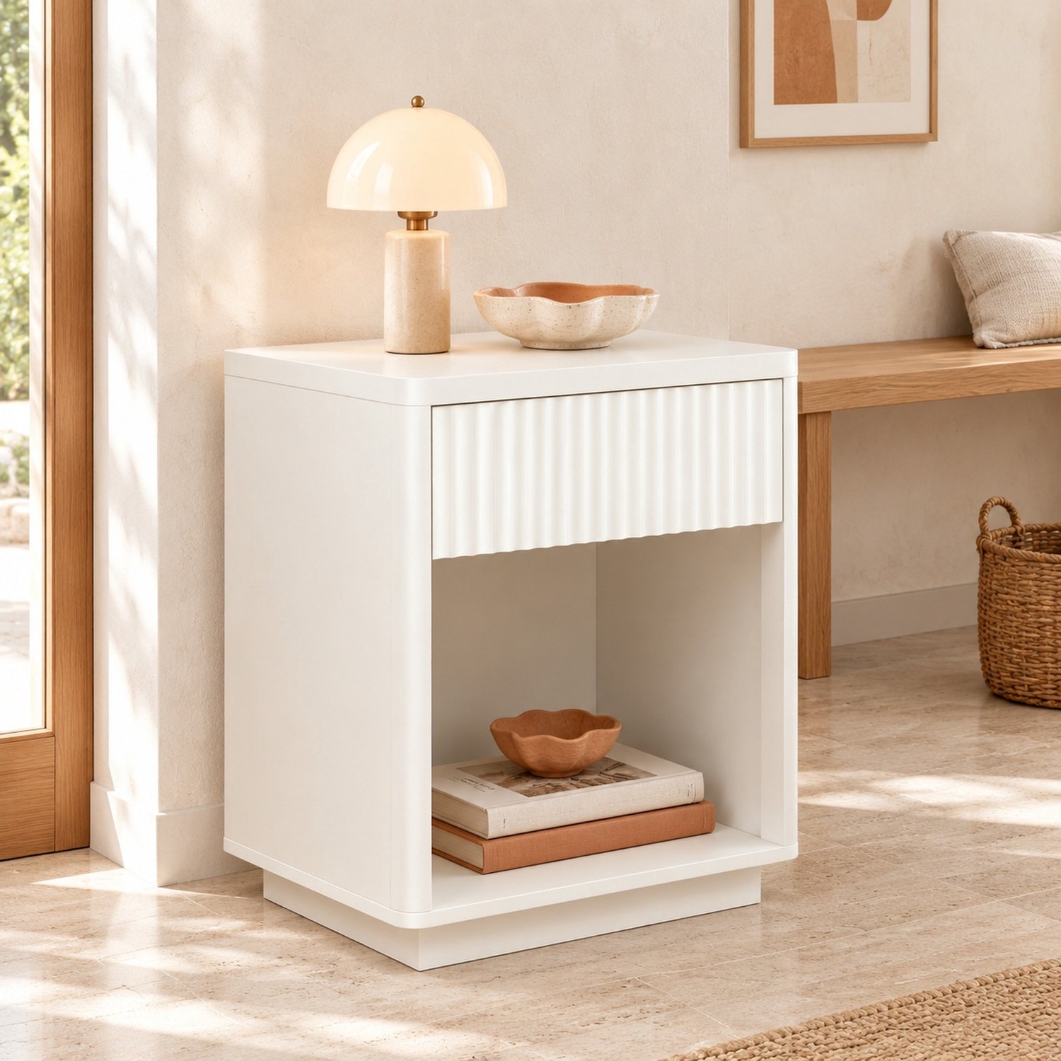 CHICFURN Nachtkastje - Lade en open vak - Ribbeldesign - 1 lade - Wit