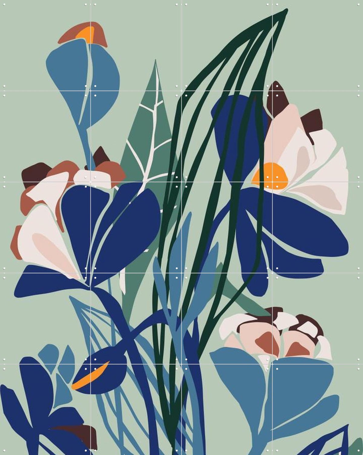 IXXI Florals At Night, Annick & Various - 80 x 100 cm - Grote wanddecoratie en posters - Modern, Speels, Geometrische Kunst, Abstract, Illustraties Groen / Blauw
