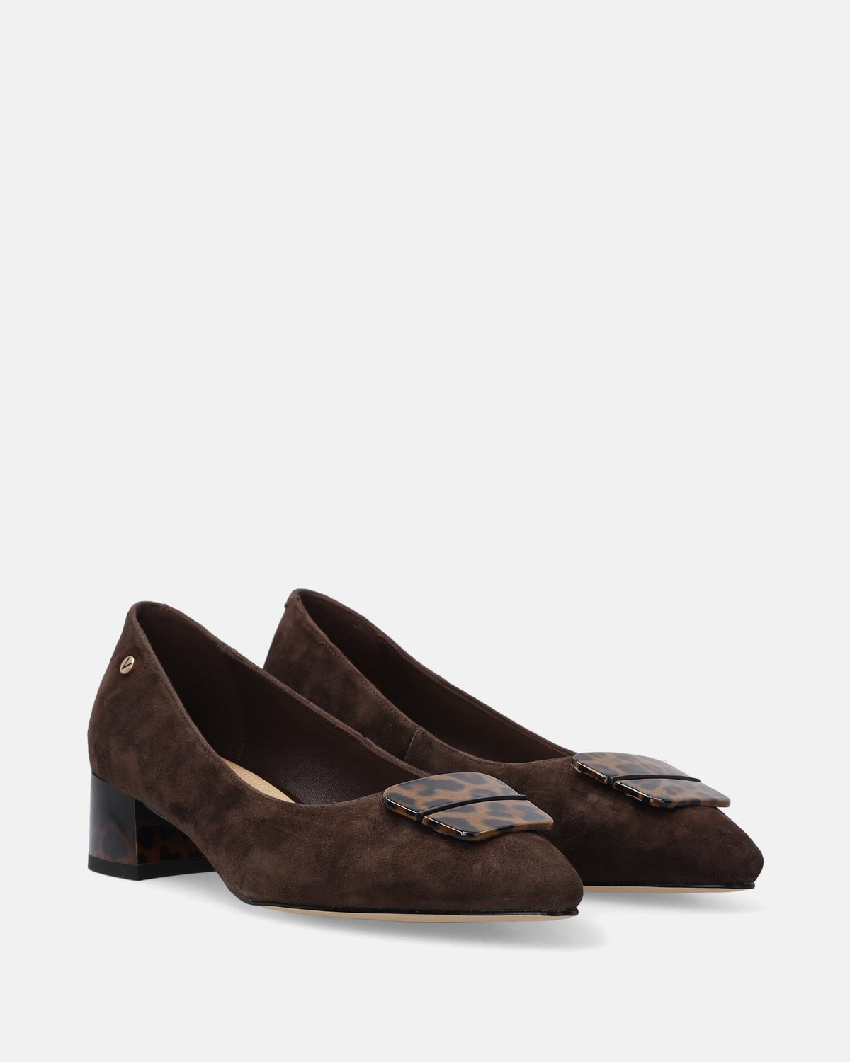 Bruine suède pumps - Hak van 4 cm - Decoratie met dierenprint