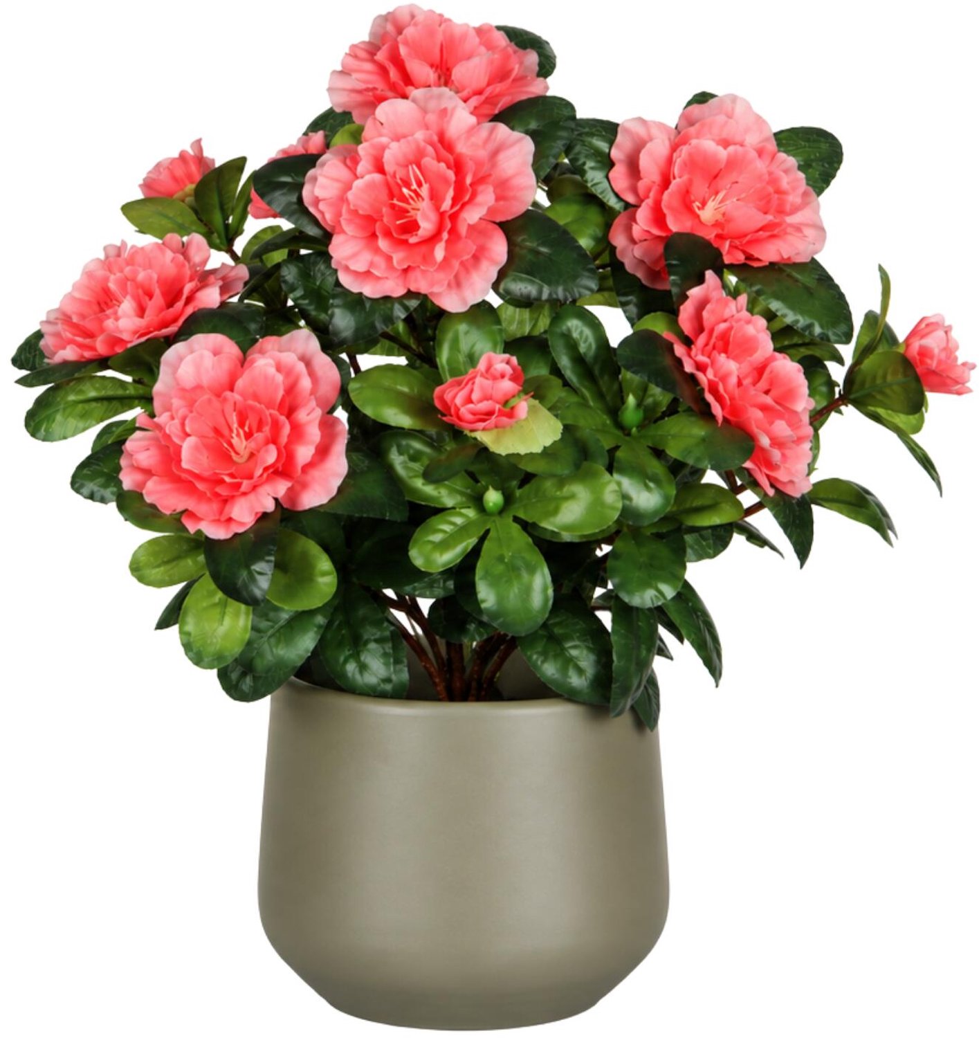 Mica Decorations Kunstplant - Azalea roze - H27 cm - in taupe bloempot - keramiek - complete set van pot en plant - decoratie stuk