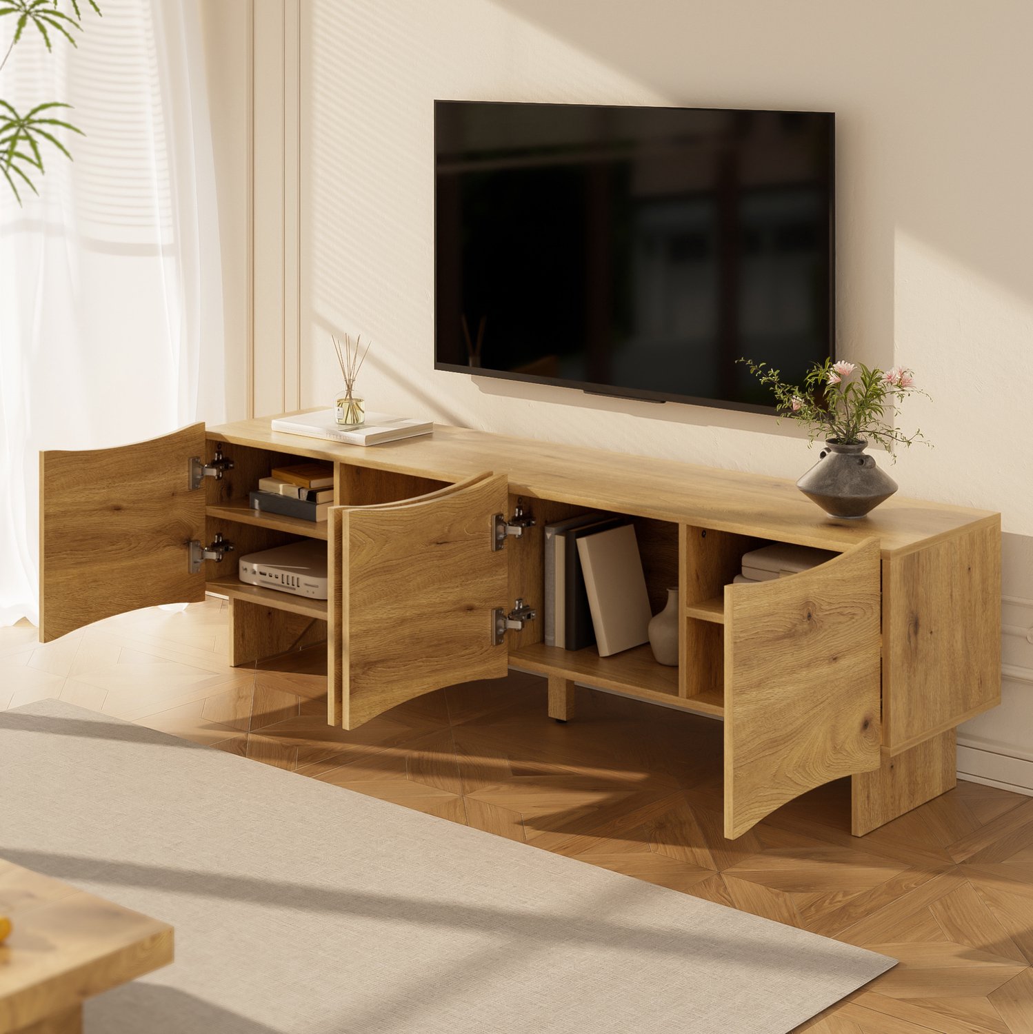 CHICFURN TV-meubel - Vier deuren - Kabeldoorvoeren - Golffronten - Naturel