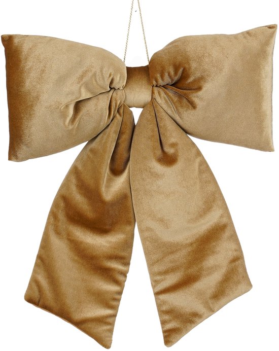 Grote goudkleurige kerststrik van fluweel met ophangkoord.