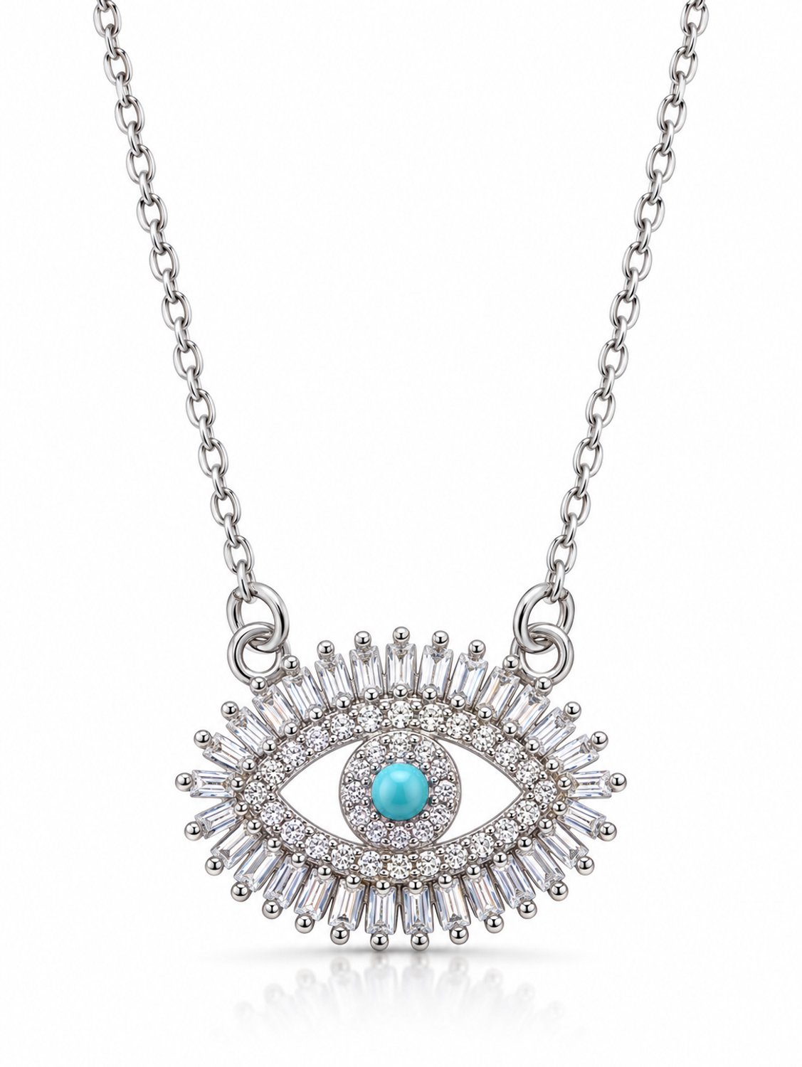 Engravia by Derya – Oog Ketting Dames – Stainless Steel – Turquoise & Baguette Zirkonia – Zilverkleurig – Verstelbaar 40 + 5 cm – Nazar Sieraad – Cadeau voor Haar