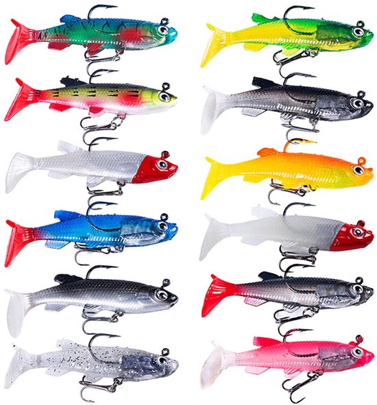 12 stuks - Kunstaas - Visaas - Softbait - Rubberen vis - Shads - Crankbaits - Blinkers spinner set - Jerkbaits - met drie haken - T-staart - Vis spullen -Pluggen - Roofvis accessoires - vissen op snoek en baars - 8 cm