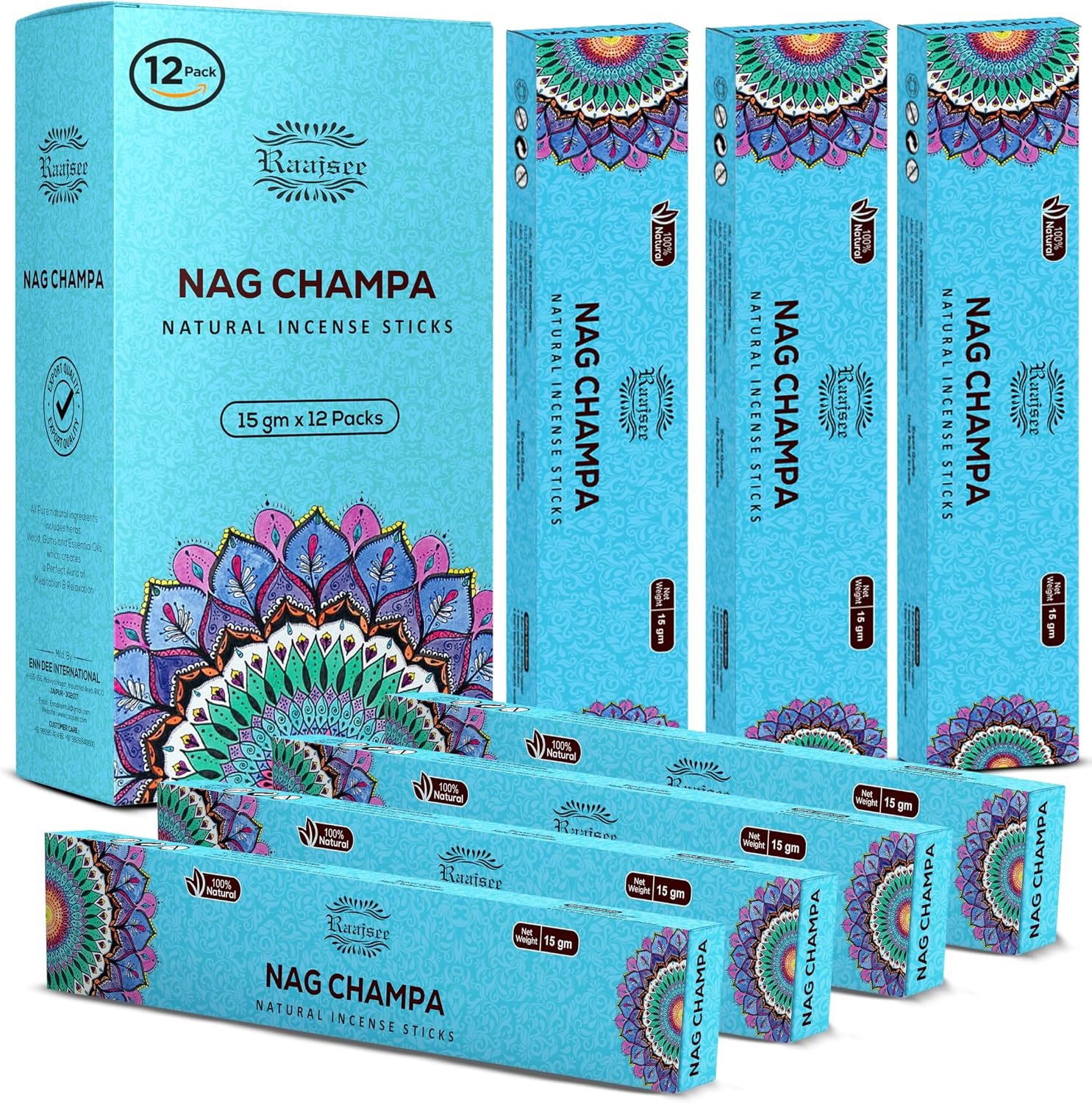 raajsee 15 GMS x 12 Pack Nagchampa Incense Sticks, 100% Pure Organic Natural Hand Rolled Free of Chemicals - ShopVlot