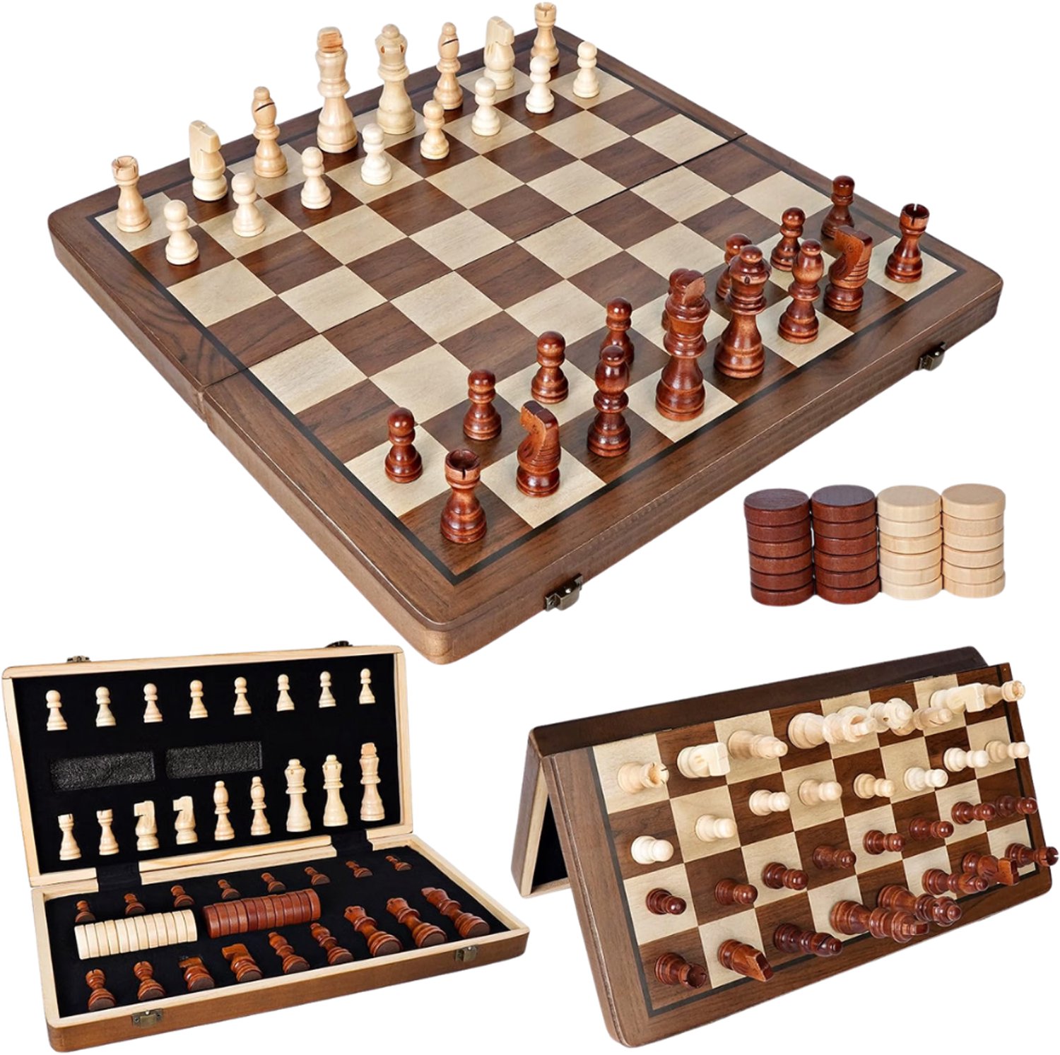 Verte - Magnetisch Schaakbord - Schaakset - 39 Cm - 2-In-1 Schaakset - Opvouwbaar Houten Schaakbord Met 32 Schaakstukken En 2 Extra Dames - Schaakstukken Met Opbergtas - Schaakspel Voor Volwassenen En Kinderen