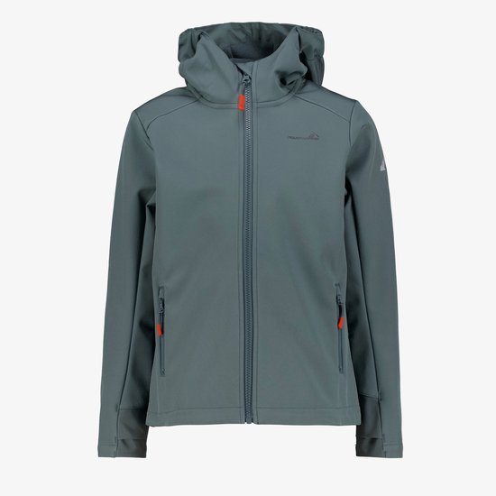 Blauw-groene Mountain Peak softshell jas met capuchon, ritssluiting en oranje accenten.