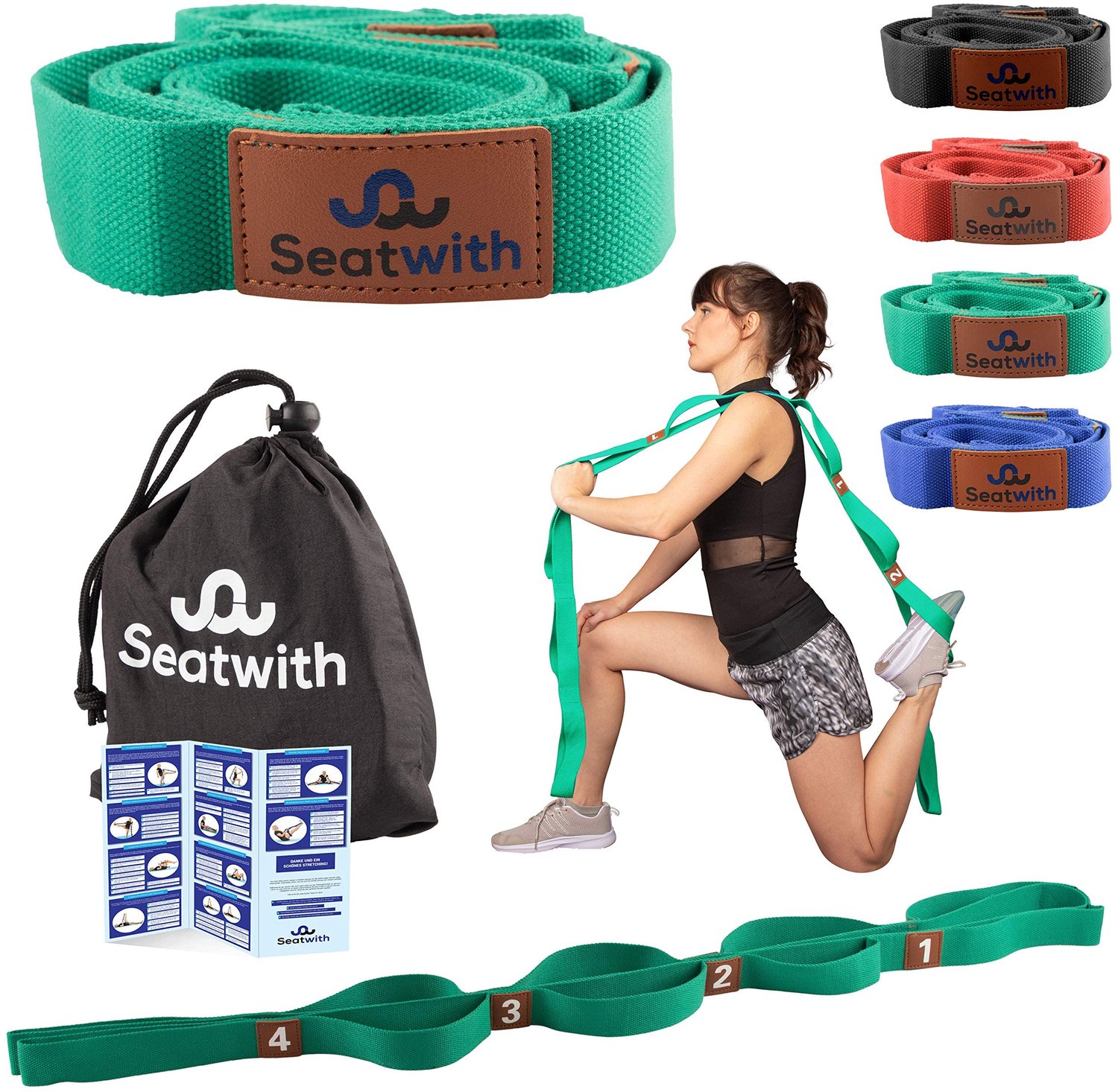 Seatwith Yoga Stretching Strap met Lussen - Oefenbanden 200 X 4 Cm met 10 lussen voor mobiliteit - Transporttas + Trainingsinstructies inbegrepen - Vo