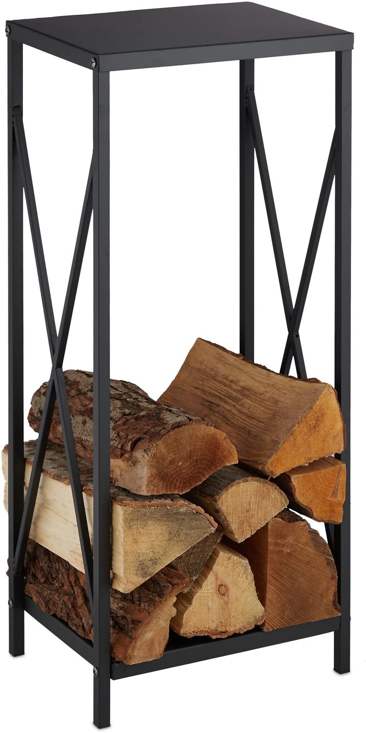 Famanu – Brandhoutrek van metaal voor binnen, 80 x 34 x 25 cm, zwart, voor het opbergen van stookhout naast de open haard