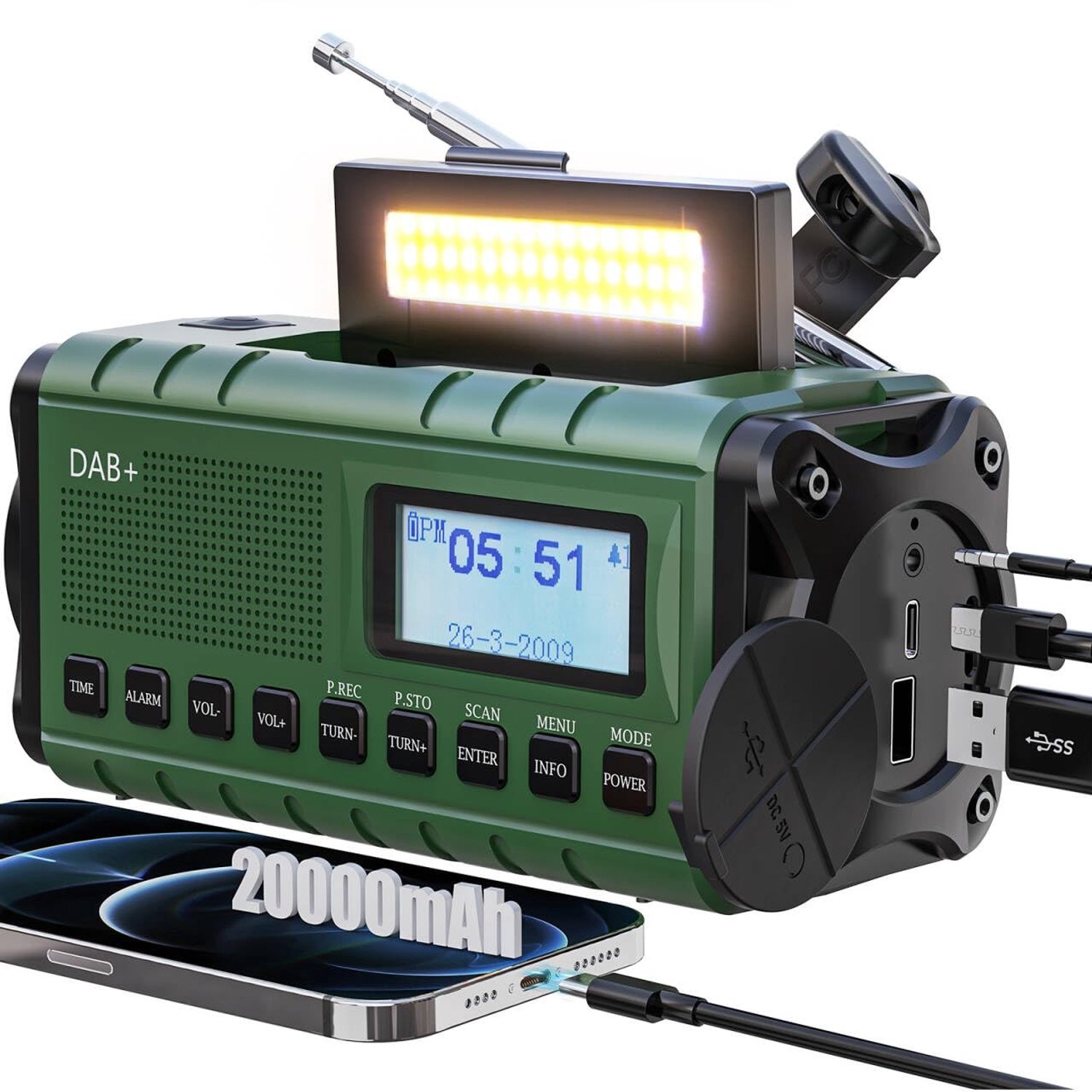 DAB+/FM Zonne Zwengelradio - Groen - 6,4 x 8,6 x 17,8 cm - Draagbare Noodradio met Powerbank en Zaklamp - Voor Outdoor Camping