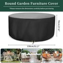 Ronde zwarte tuinmeubelhoes met afmetingen 130 cm breed en 70 cm hoog, getoond met diverse tuinmeubelsets.
