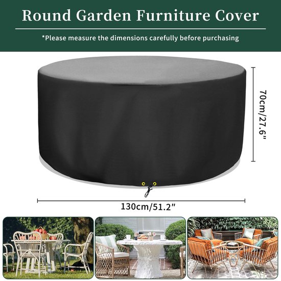 Ronde zwarte tuinmeubelhoes met afmetingen 130 cm breed en 70 cm hoog, getoond met diverse tuinmeubelsets.