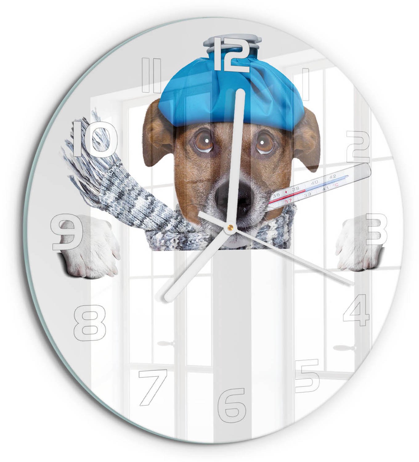 TULUP Wandklok - Zieke hond Decoratieve Glazen Klok - fi30 cm - Blauw Glazen Wandklok Design - Witte handen - Ronde Klok - Glazen Klok Met Print - Wandklok Glas Met Motief