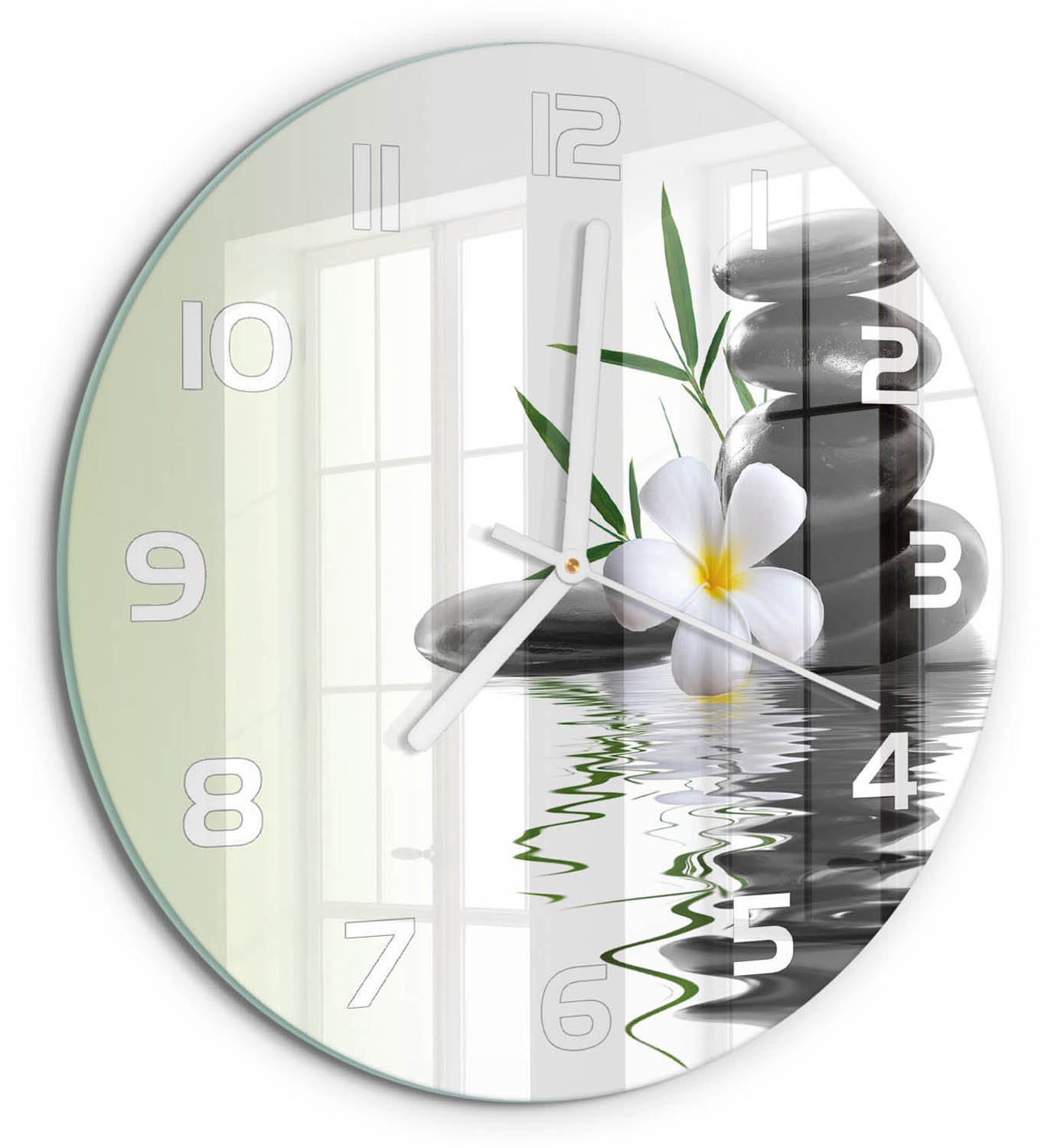 TULUP Wandklok - Orchidee en stenen Decoratieve Glazen Klok - fi30 cm - Zwart Glazen Wandklok Design - Witte handen - Ronde Klok - Glazen Klok Met Print - Wandklok Glas Met Motief