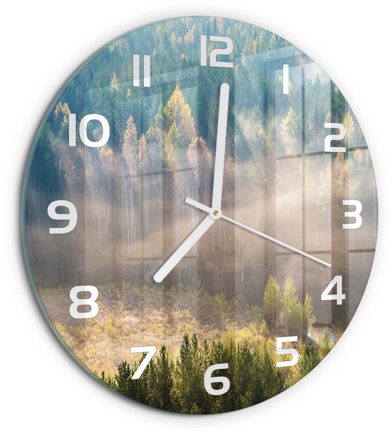 TULUP Wandklok - Mist in het bos Glazen Klok Met Print - fi30 cm - Groente Wandklok Glas Met Motief - Witte handen - Ronde Klok - Wandklok Glas Decoratie - Gekleurde Glazen Klok