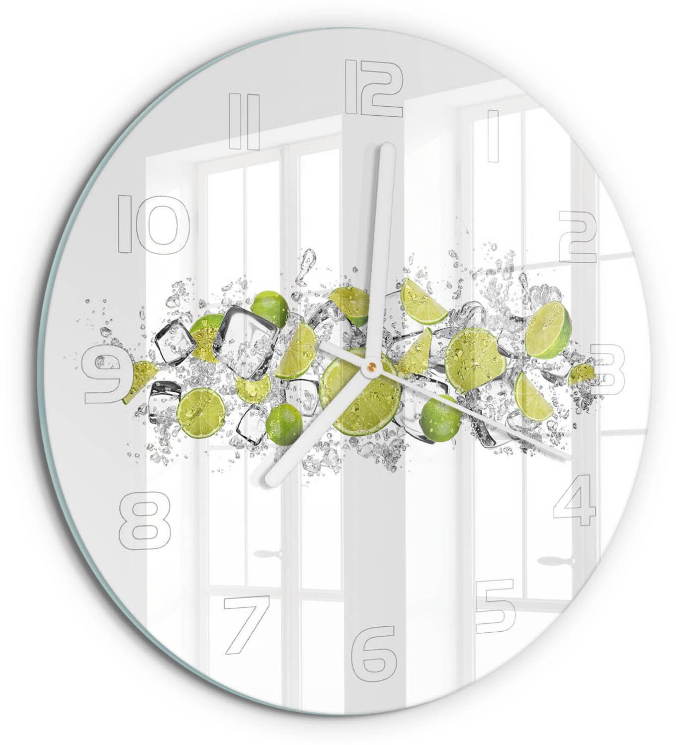 TULUP Wandklok - Limoenijsblokjes Decoratieve Glazen Klok - fi30 cm - Groente Glazen Wandklok Design - Witte handen - Ronde Klok - Glazen Klok Met Print - Wandklok Glas Met Motief
