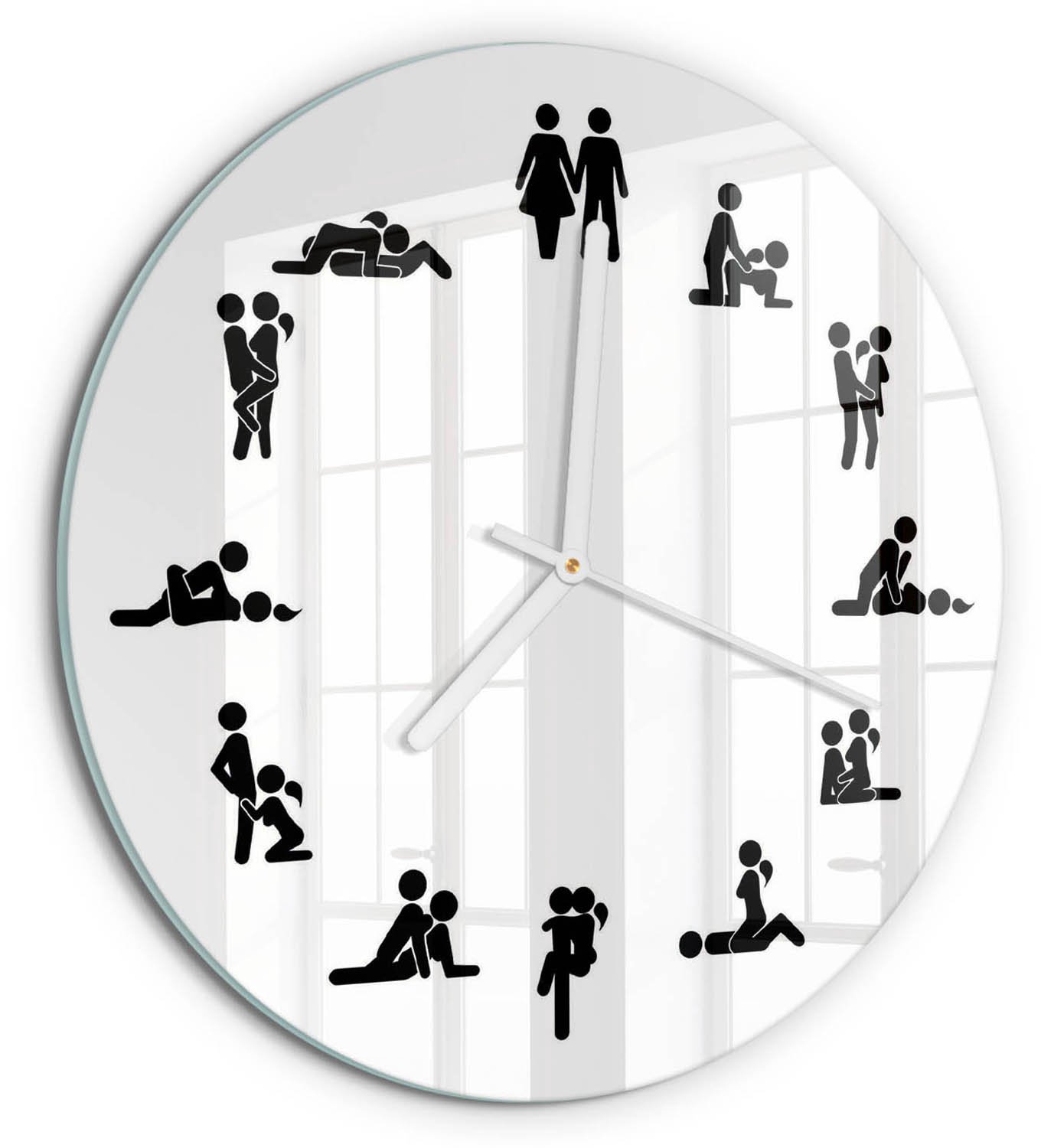 TULUP Wandklok - Kama Sutra Wandklok Glas Decoratie - fi30 cm - Wit Gekleurde Glazen Klok - Witte handen - Ronde Klok - Klok Glas Met Opdruk - Moderne Wandklok Glas